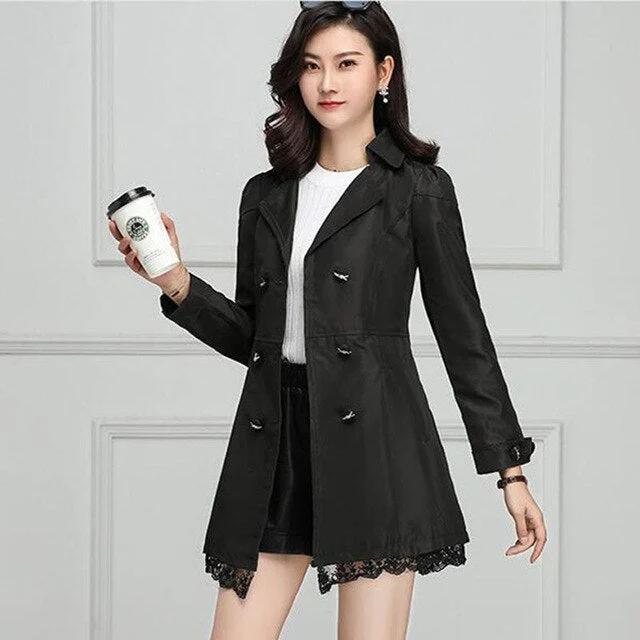 VANGULL 2019 Autumn New Korean Women Lace Long Trench Female slim Long sleeve Temperament Double Breasted Solid Coat Windbreaker