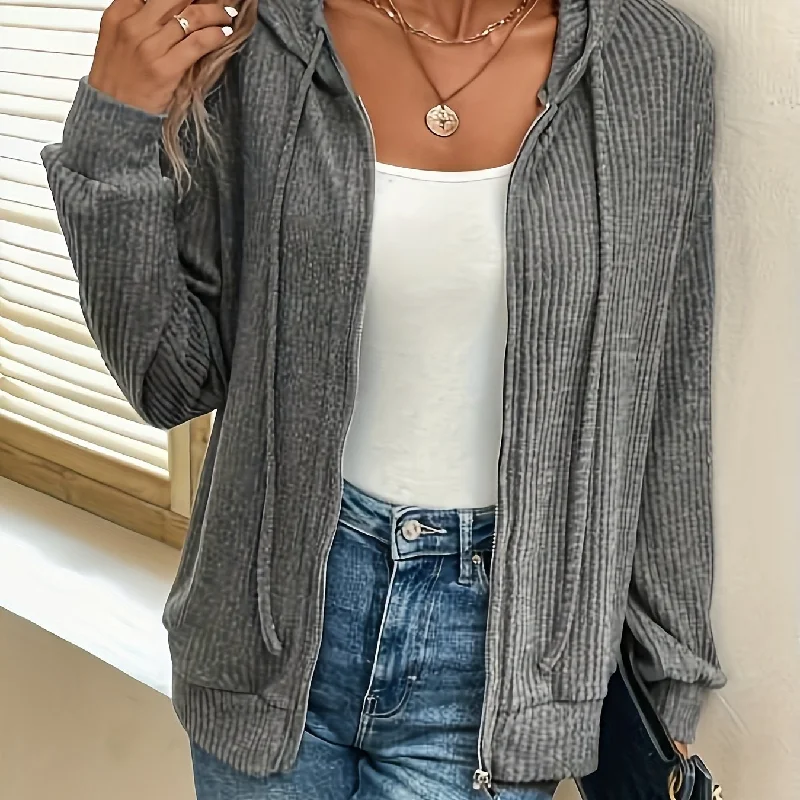 Versatile Ribbed Knit Hooded Jacket Perfect for Spring  Fall