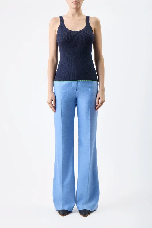 Vesta Pant in Light Blue Virgin Wool and Silk Linen Twill