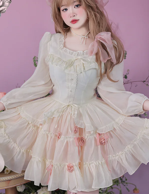 Yingtang~Plus Size Lolita Dress Off White Ballet Summer Suit