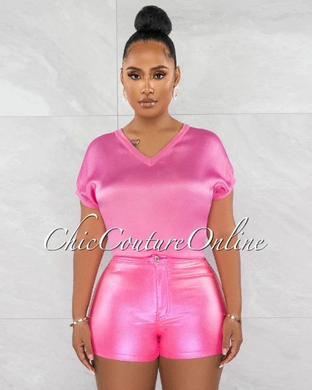 Alvina Pink High Waist Metallic Denim Shorts