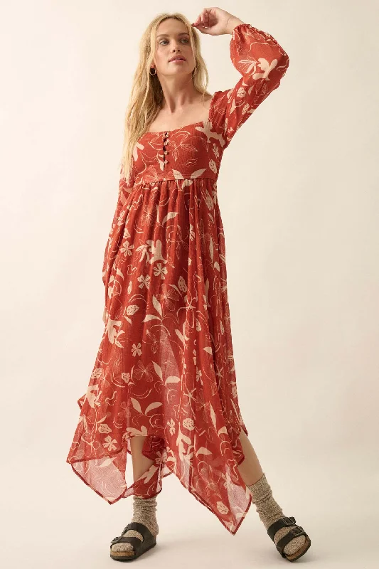 Autumn Winds Floral Chiffon Maxi Dress