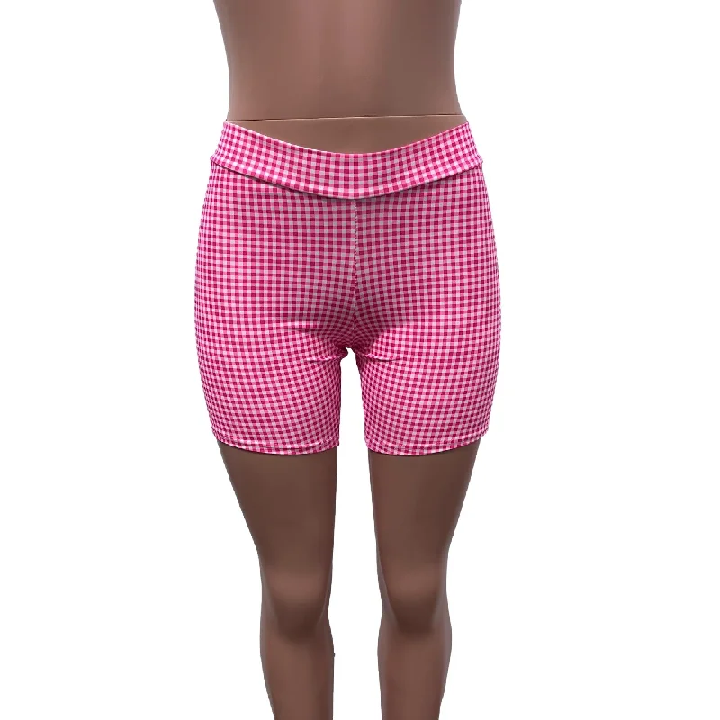 Biker Shorts in Pink Gingham Checkered Plaid Barbie Spandex - Choose Low, Mid, or High-Waist.