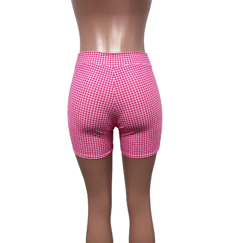 Biker Shorts in Pink Gingham Checkered Plaid Barbie Spandex - Choose Low, Mid, or High-Waist.