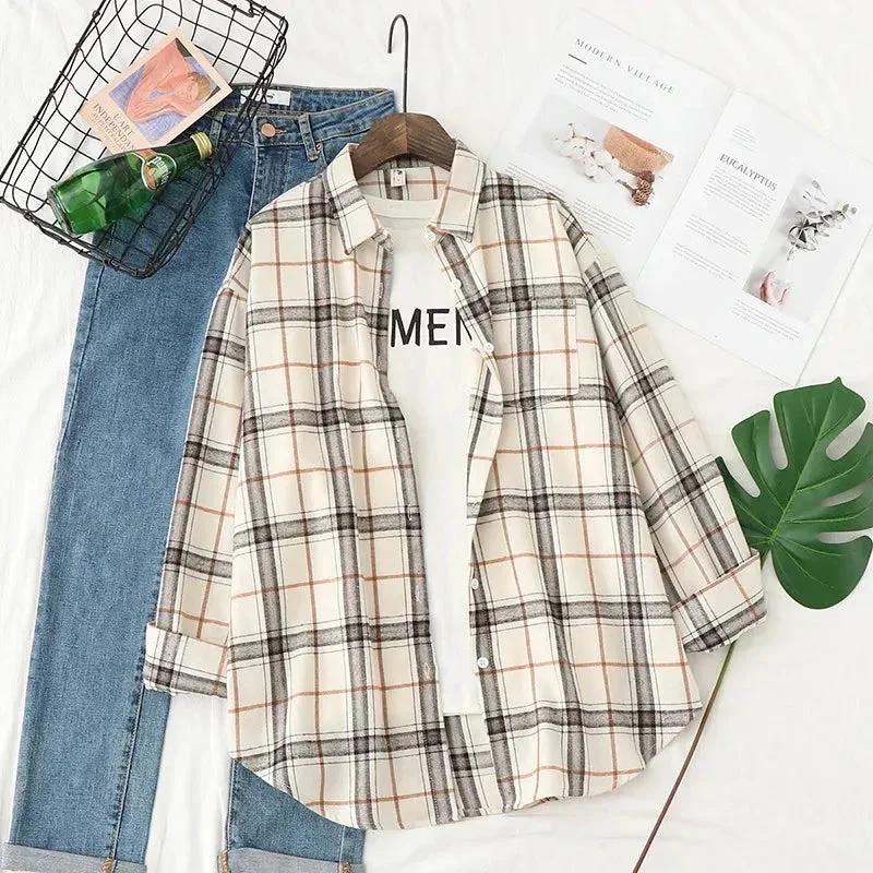 Brand Casual Women's Plaid Shirt Autumn New Boutique Ladies Loose Blouse and Top