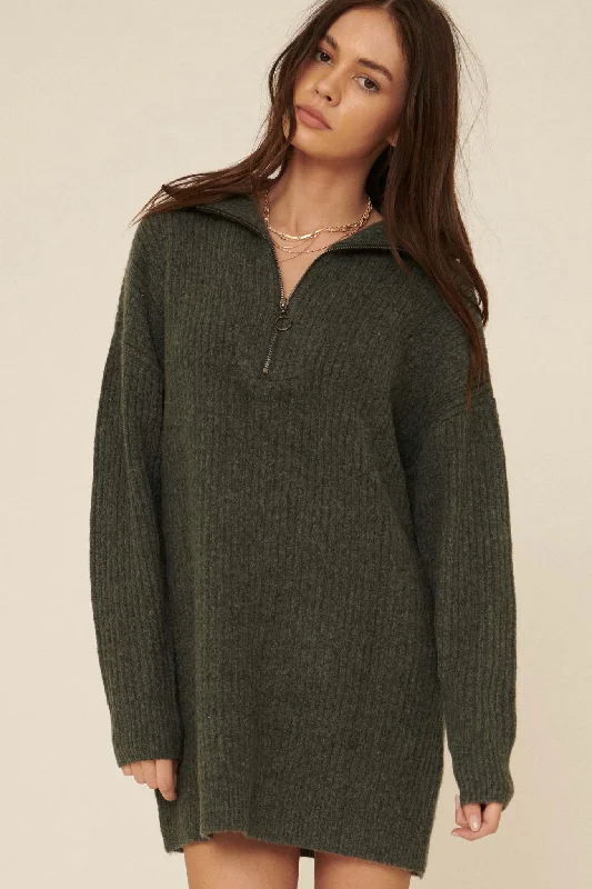 By the Fire Half-Zip Rib-Knit Sweater Dress