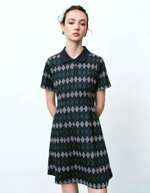 Argyle Printed A-Line Polo Dress