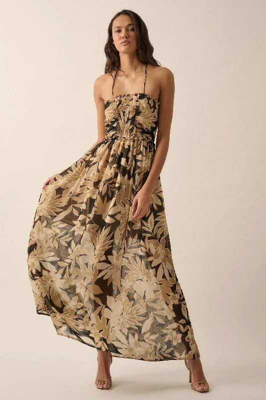 Exotic Beauty Floral Chiffon Halter Maxi Dress