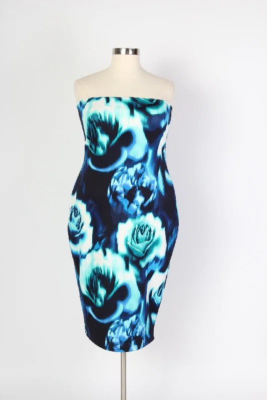 Floral Bodycon Strapless Dress - Blue