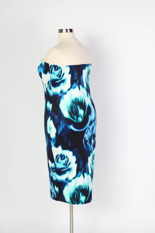 Floral Bodycon Strapless Dress - Blue