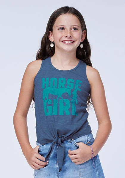 Girls Tie Front Horse Graphic Racer Back Tank Top