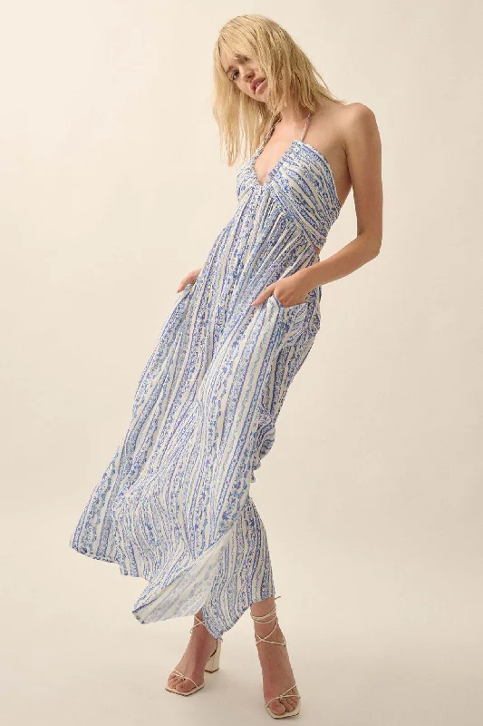 Heavenly Fields Floral-Stripe Halter Maxi Dress