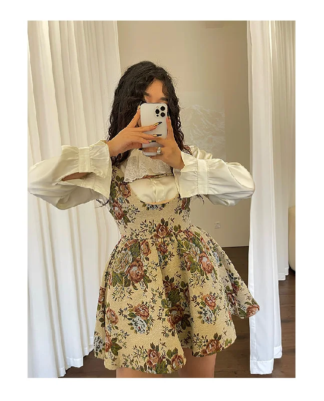 Lora Solid Color White Shirt Floral Embroidery Short Sleeveless Dress Set