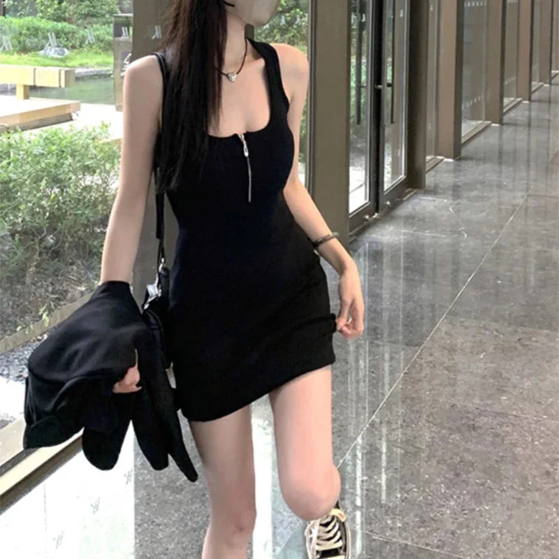 Lunivop 2024 Summer New Square Collar Sleeveless Backless Knitted Suspender Dress for Women Sexy Solid Color Zipper Design Slim Dresses