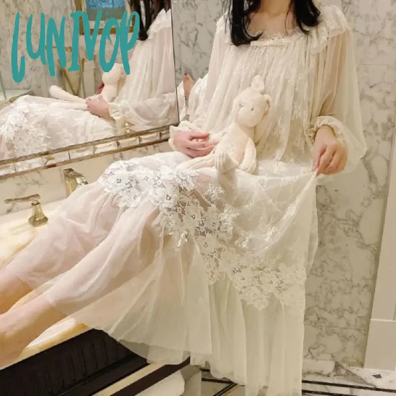 Lunivop Fairy White Night Dress Women Sexy Lace Peignoir Long Sleeve Robe Dressing Gown Vintage Nightgown Princess Nightwear Sleepwear