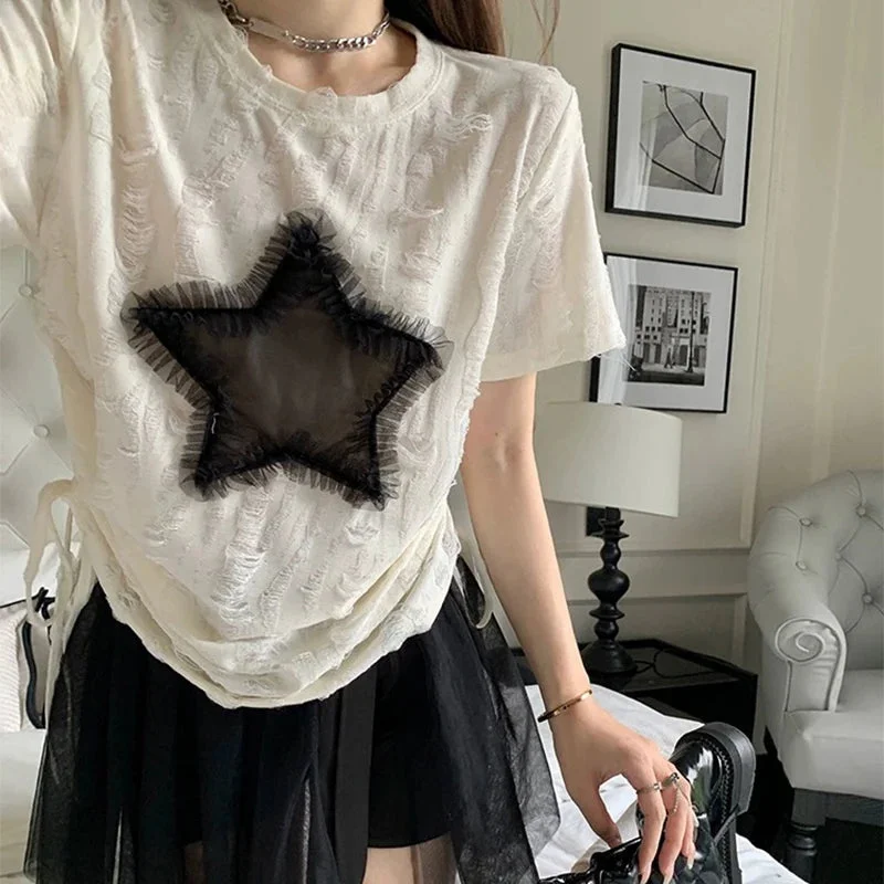 Lunivop Harajuku T-Shirt Women Print Y2K Top Girls Summer Vintage Hotsweet Drawstring Tops Short Sleeve Tees Korean Fashion Camisetas