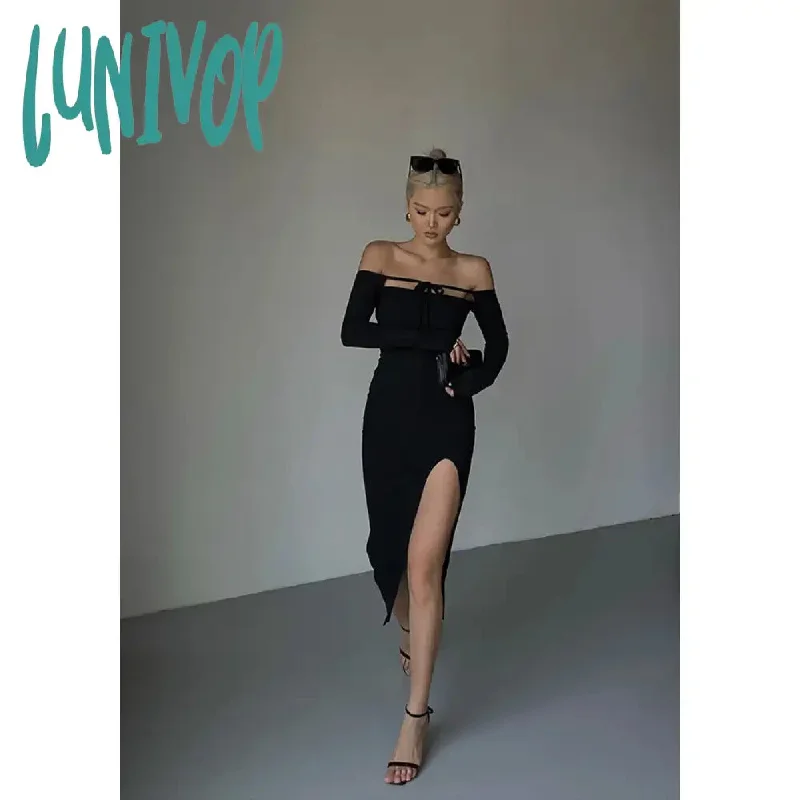 Lunivop Long Sleeve Lace Up Off Shoulder Split Long Dress For Women Summer New High Waist Slim Mid Length Dresses