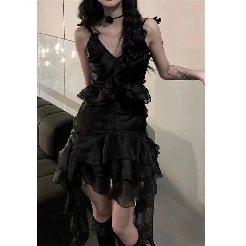 Lunivop Y2K Ruffles Irreular Dress Women Gothic Sexy Strap A Line Mini Dresses Dark Fairy V Neck Asymmetrical Sleeveless Sundress