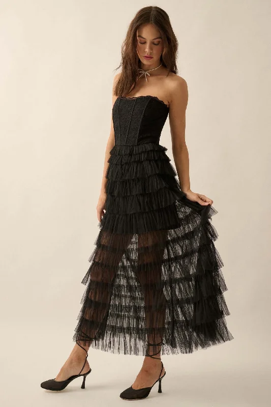 Midnight Enchantment Ruffled Corset Maxi Dress