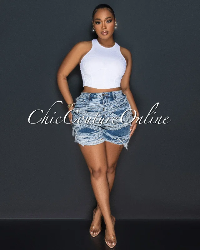 Mimi Blue Denim Distressed Bermuda Shorts