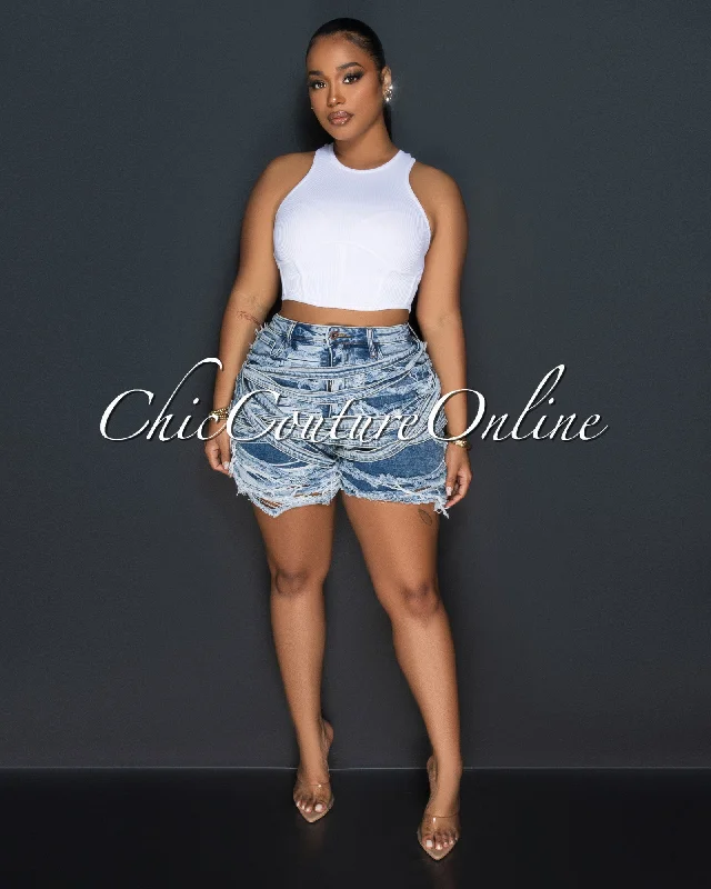 Mimi Blue Denim Distressed Bermuda Shorts