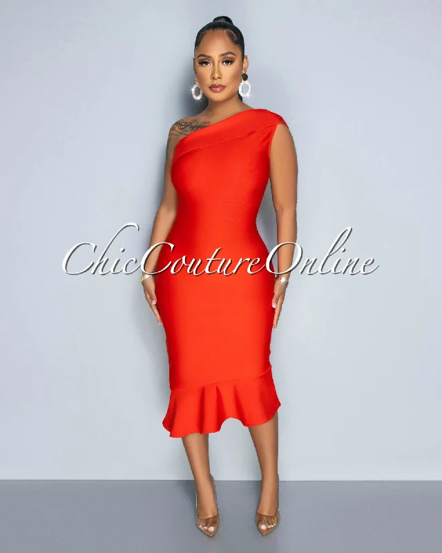 Patria Red Single Shoulder Ruffle Hem Bandage Dress