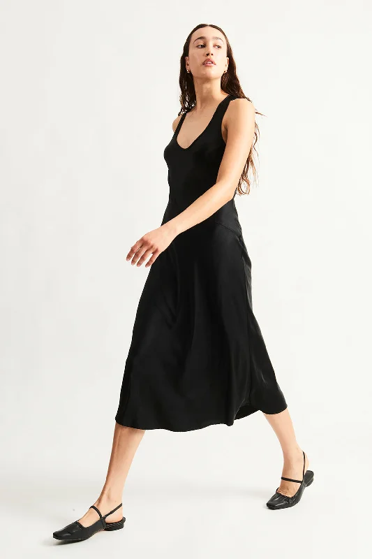 Pebble Satin Black Valentina Midi Dress