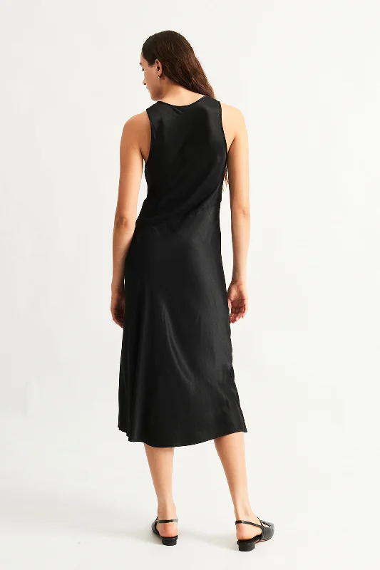 Pebble Satin Black Valentina Midi Dress