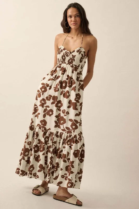 Poppy Prairie Smocked Floral Halter Maxi Dress