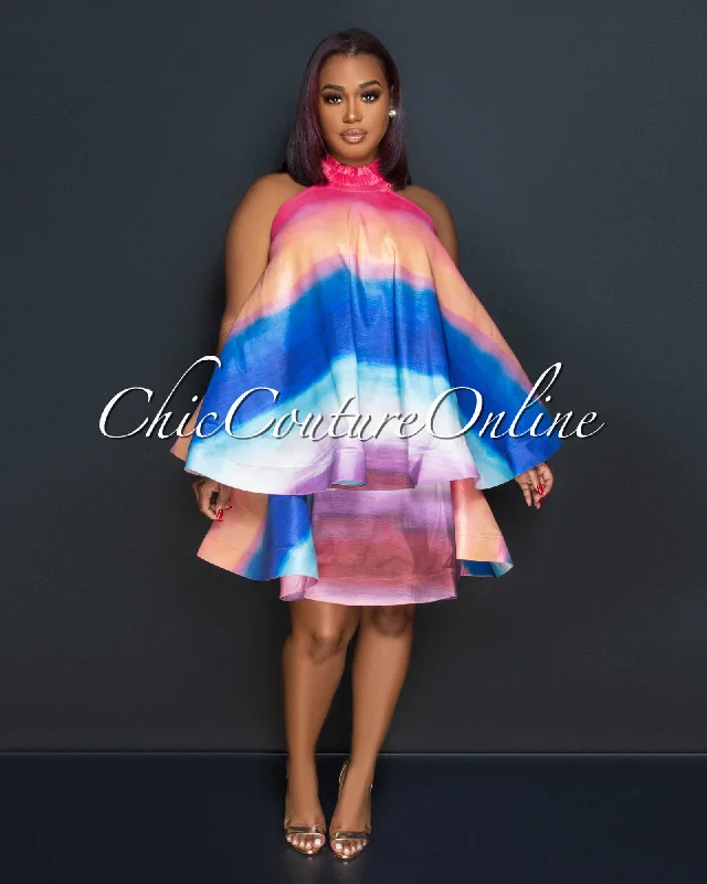 Rebeca Multi-Color Shift Ruffle Halter Dress