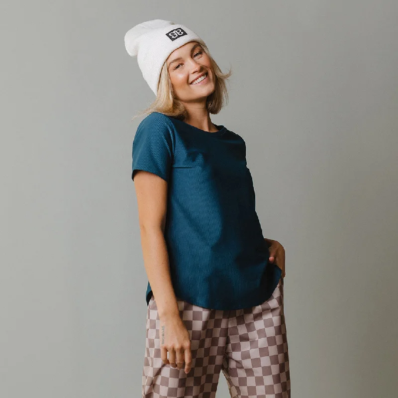 Ribbed Basic Crew Neck Tee, Teal Blue