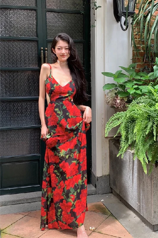 Roses are Rosie Red Floral Vintage Spaghetti Strap V-Neck Long Vacation Summer Maxi Dress