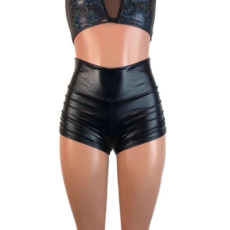 High Waist Ruched Booty Shorts - Black Metallic 