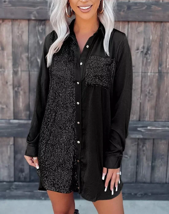 Black Sequin Pocket Button Up Dress