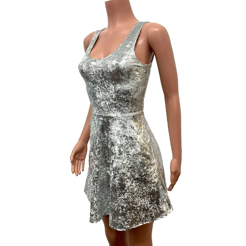 Silver Gilded Velvet A-line Mini Dress w/Pockets