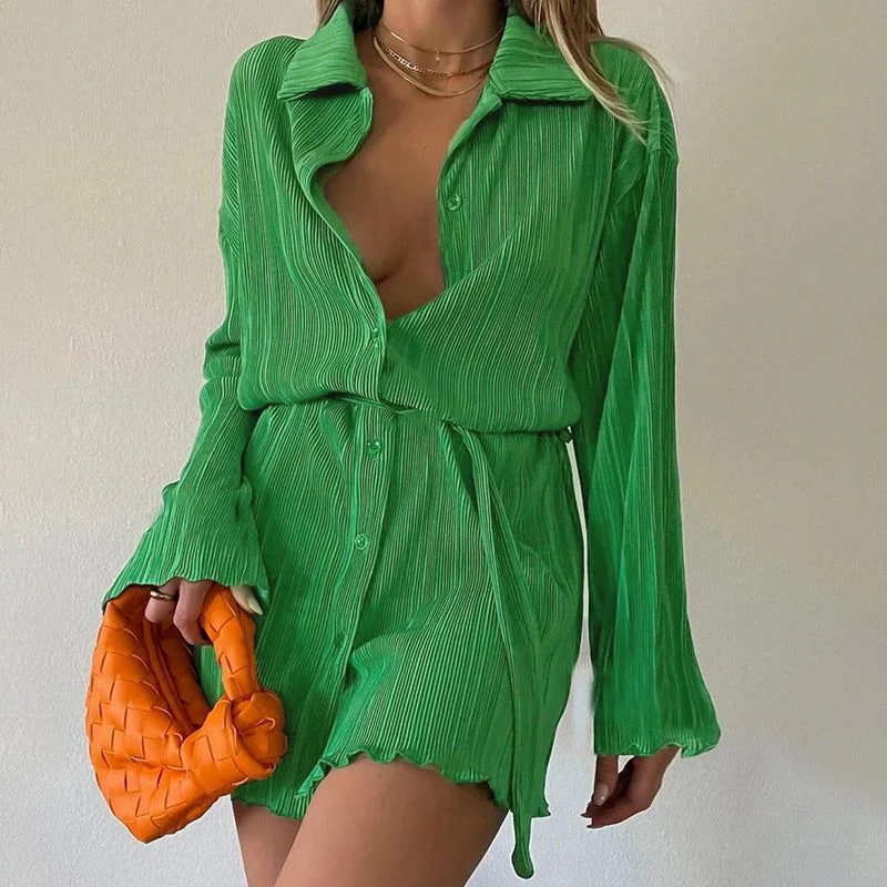 Simona Pleated Button Up Shirt Mini Dress