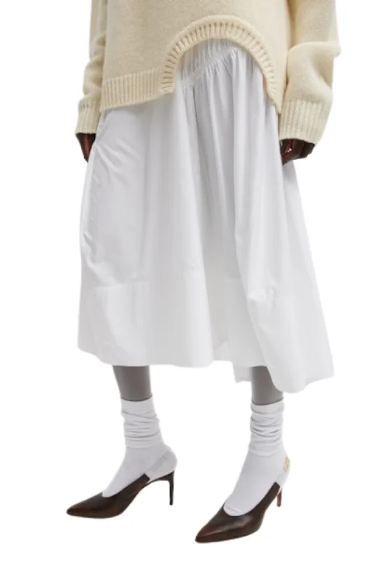 White Shirred Nylon Midi Skirt