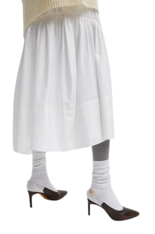 White Shirred Nylon Midi Skirt