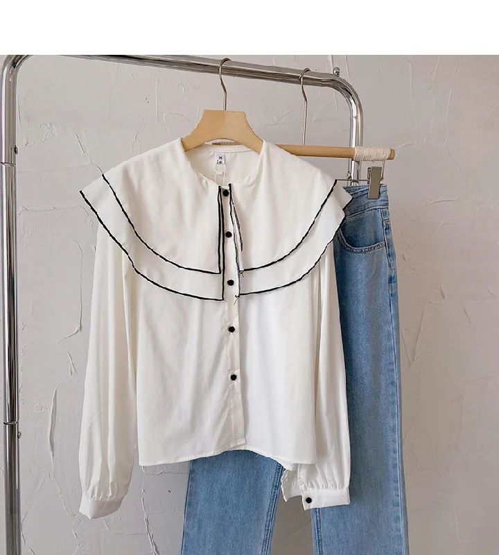 Baby collar long sleeve Vintage shirt casual loose top fashion  6431