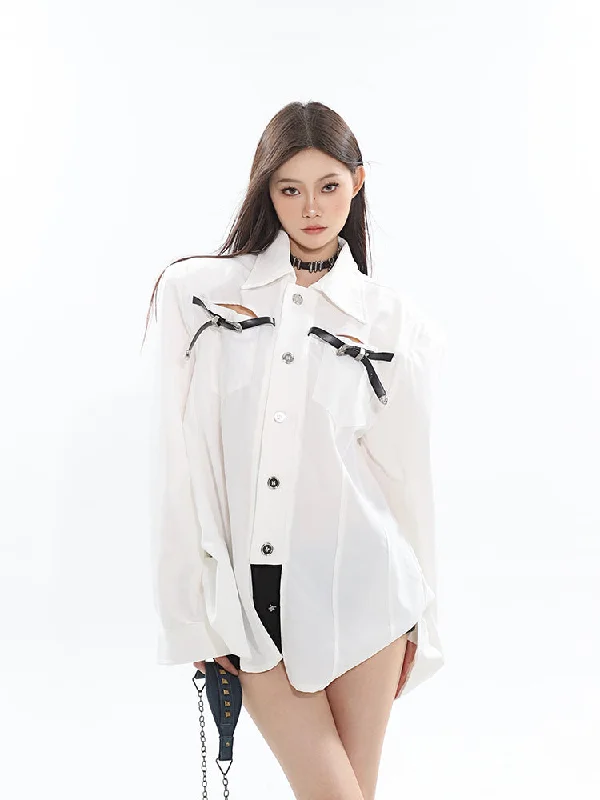 Krizia Solid Color Long Sleeve Button Up Bow Tie Deco Office Shirt Style Shoulder Pad Shirt Top