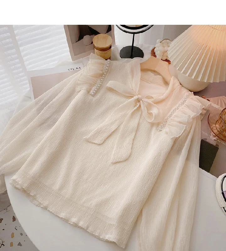 New Korean version nail bead Ruffle slim long sleeve top  6428