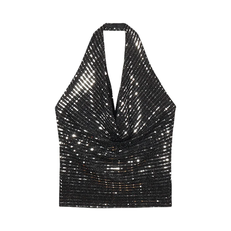 Pamela Black & Silver Sequin Halter Neck Shiny Cropped Top