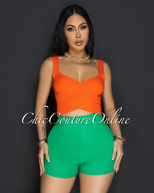 Shina Orange Cross V-Neck Ribbed Crop Top