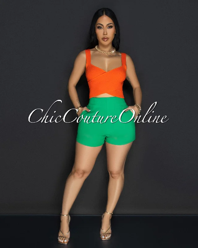 Shina Orange Cross V-Neck Ribbed Crop Top