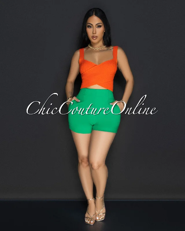 Shina Orange Cross V-Neck Ribbed Crop Top