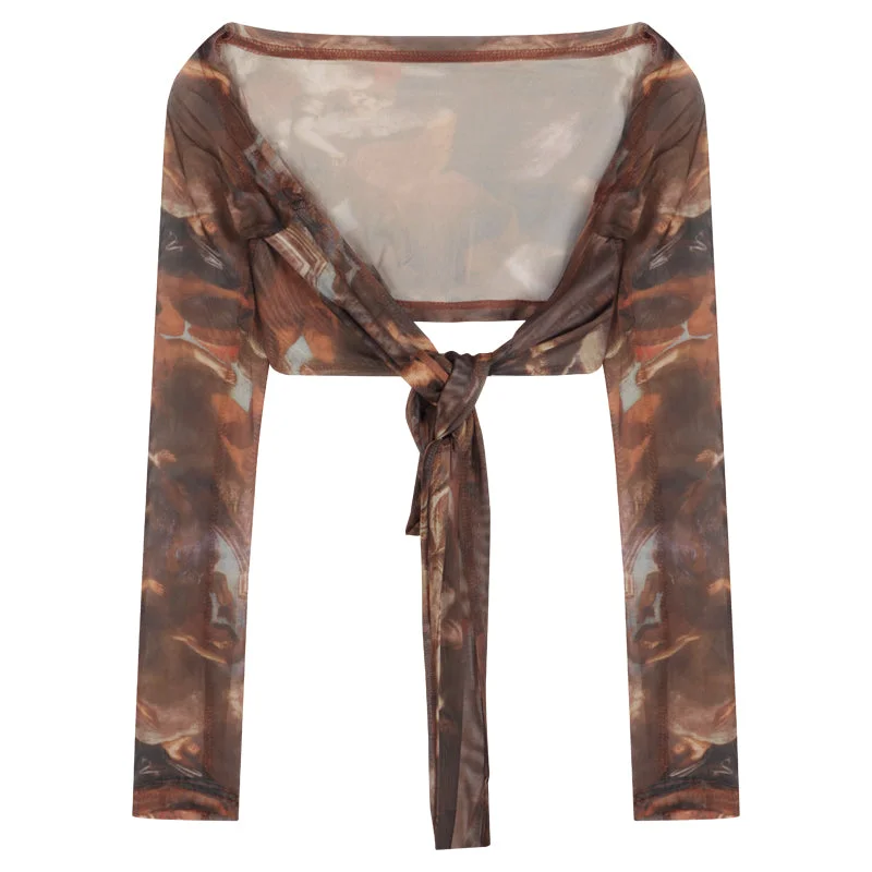 Silia Brown Tie-Dye V-Neck Long Sleeve Front Wrap Slim Cropped Top