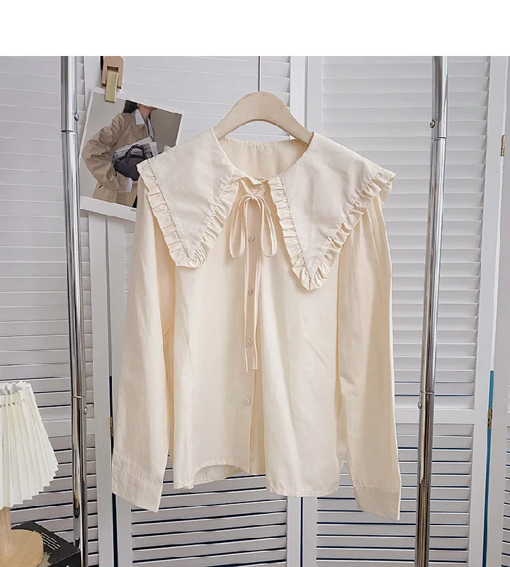 Solid long sleeved shirt with baby collar lace tie top  6432