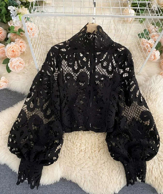 Stylish hollow lace top puff sleeve top  381