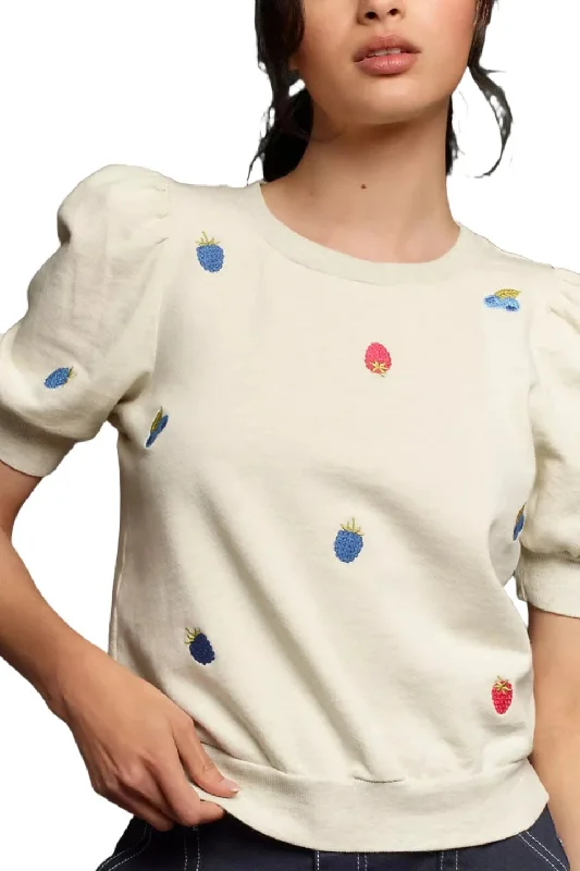 TLA Puff Sleeves Tee Shirt French Terry Beige with Berries