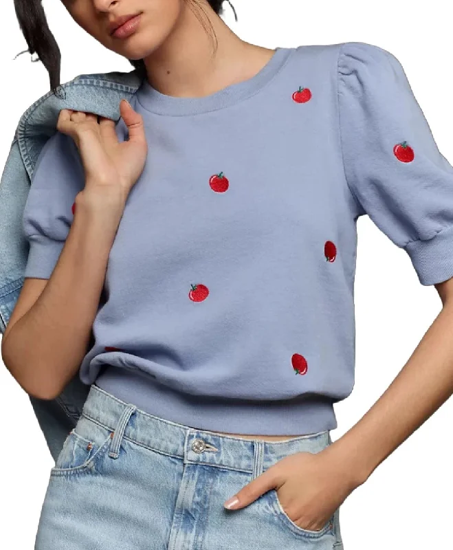 TLA Puff Sleeves Tee Shirt French Terry Blue with Cherries